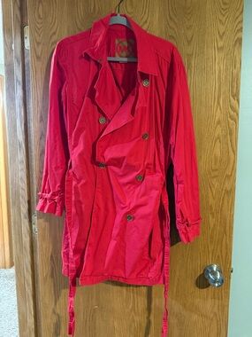 Michael Kors Bright Red Double-Breasted Trench with Tie Belt